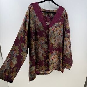 Solange Satin Pajama Top Womens 26/28 Burgundy Floral Lace V-Neck‎ Cottagecore